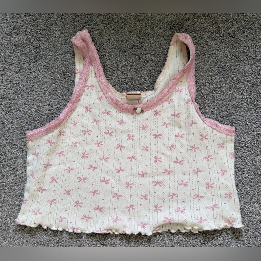 Messy Bun Just Chilling Pointelle Camisole Cami Tank Top in Pink Bow White XS
